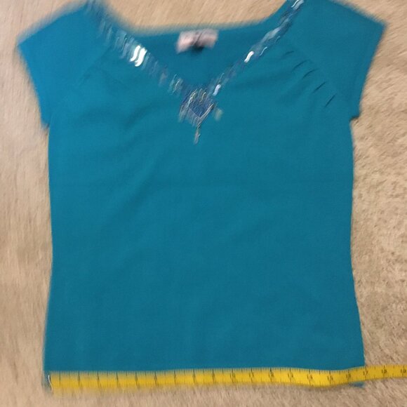 Pink Poodle Teal Mermaid Scale and Diamond Bead Cap Sleeve Top - Picture 14 of 16